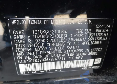 2024 Honda Hr-V Awd Lx z USA, uszkodzony, nr VIN 3CZRZ2H36RM767248